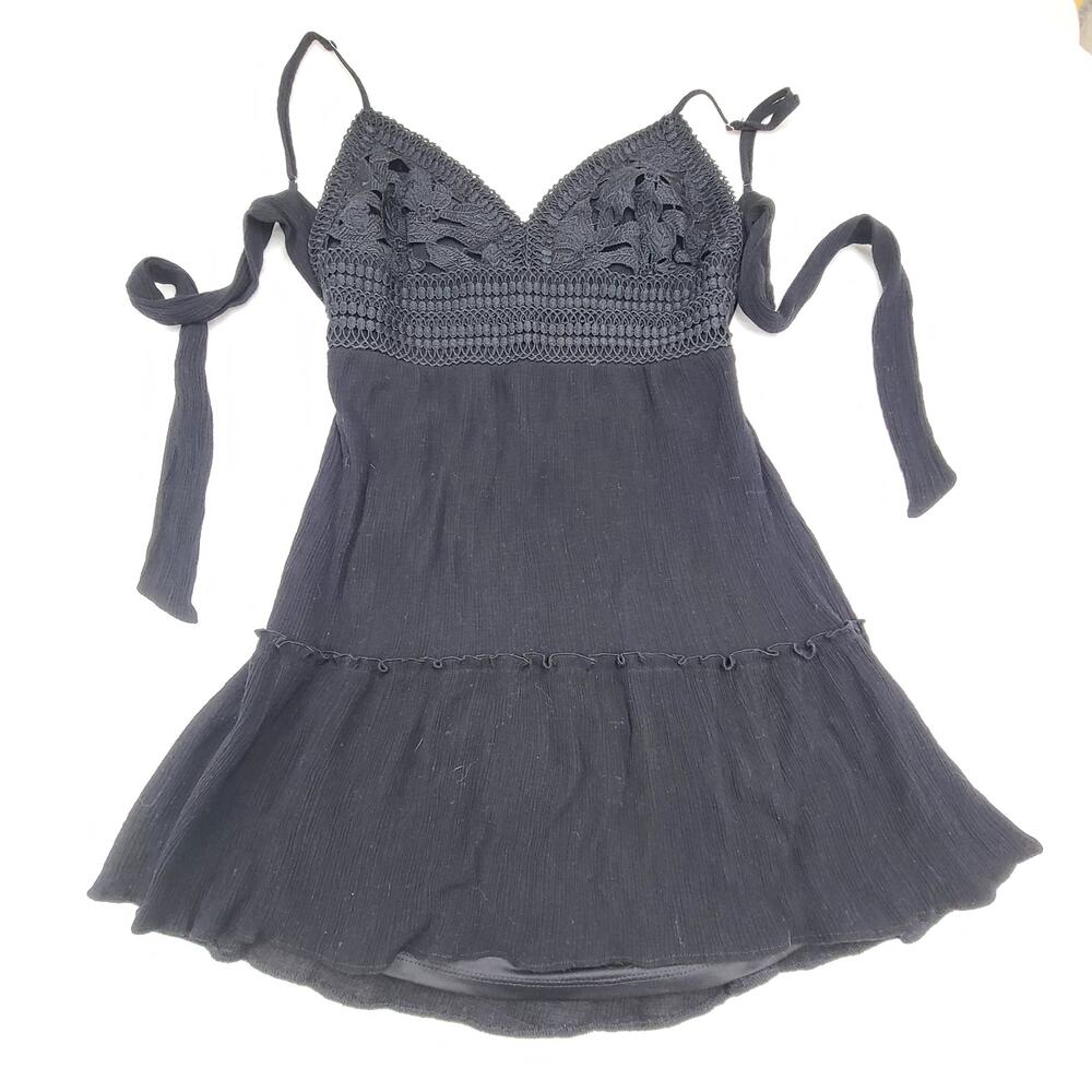 Black Boho Mini Dress Large Crochet Lace Tiered Flowy Festival Cottagecore